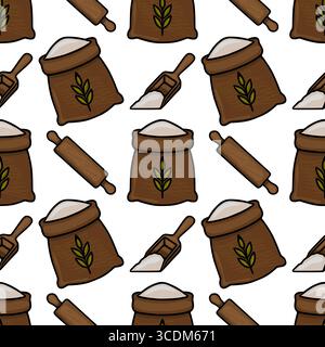 Seamless vector pattern of rustic bakery elements: flour sacks, rolling pins, and scoops, showcasing a charming hand-drawn style with brown and beige Stock Vector