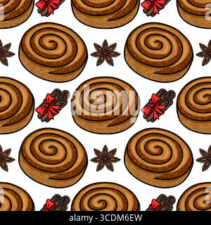 Seamless vector pattern of delicious cinnamon rolls, star anise, and cinnamon sticks tied with a red ribbon, creating a cozy and appetizing bakery des Stock Vector