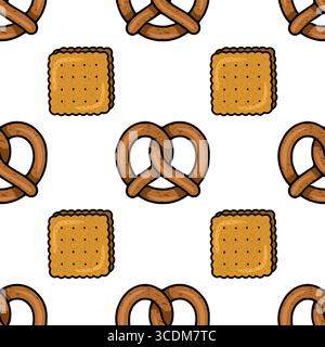 Seamless vector pattern featuring hand-drawn illustrations of pretzels and square crackers, showcasing a charming, rustic style with warm brown and go Stock Vector