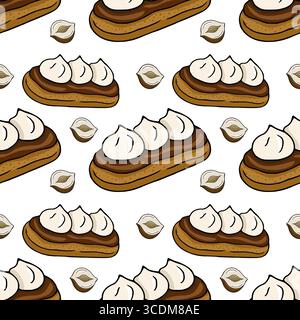 Seamless vector pattern of delicious chocolate eclairs with hazelnut cream and whole hazelnuts on a white background, perfect for bakery branding or s Stock Vector