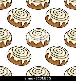 Seamless vector pattern featuring hand-drawn illustrations of cinnamon rolls with creamy frosting, showcasing a delightful swirl design and textured b Stock Vector