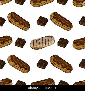 Seamless vector pattern of delicious chocolate eclairs and chocolate bars, a delightful illustration perfect for bakery packaging or sweet-themed desi Stock Vector