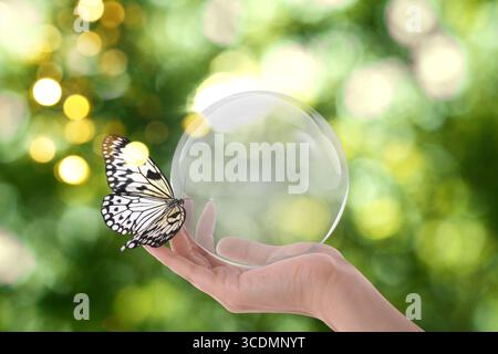 Butterfly sitting on crystal globe in woman's hand against blurred green background, closeup Stock Photo
