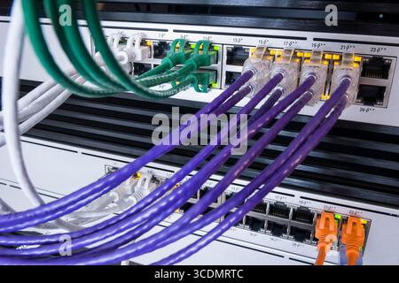 Colorful Ethernet patch cables plugged into an UniFi Switch Pro 24 PoE Stock Photo