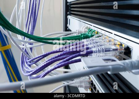Colorful Ethernet patch cables plugged into an UniFi Switch Pro 24 PoE Stock Photo