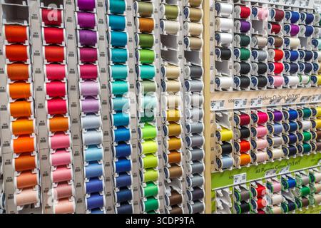 North Miami Beach Florida,Walmart Supercenter,big-box department store shopping,inside interior,display for sale aisle,sewing thread spools assorted c Stock Photo