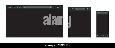 Dark browser interface mockup set. Vector illustration Stock Vector