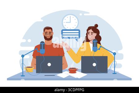 Two podcasters talking in studio setup. Vector illustration Stock Vector