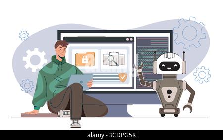 Man and robot collaborating on cybersecurity. Vector illustration Stock Vector