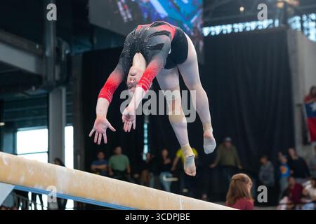 October 23, 2023: Ava Stewart of Canada (14) competes on beam during the WomenÃ¢â‚¬â„¢s Artistic Gymnastics All-Around Final at the Santiago 2023 Pan American Games, held at Centro de Deportes Colectivos in Santiago, Chile. Daniel Lea/CSM (Credit Image: © Daniel Lea/CSM via ZUMA Press Wire) Stock Photo