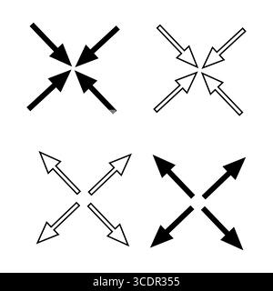 Four arrow symbols. Inward outward direction. Vector icon set. Black outline design. Stock Vector