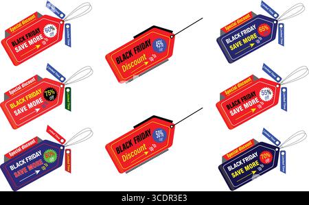 Modern Black Friday promotional tag collection in red and blue color schemes with striking discount text elements Stock Vector