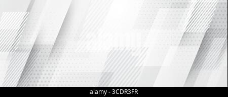 White and gray geometric shapes, lines, and dots overlap, creating a layered abstract background effect. Stock Vector
