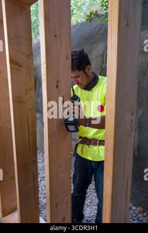 Young man using level to check the plumb of 2x6” lumber during construction, Honolulu, Oahu, Hawaii, USA Stock Photo