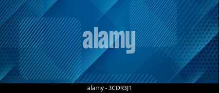Blue abstract background with layered geometric shapes, stripes, and dots creating a dynamic visual effect. Stock Vector
