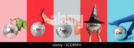 Collage of female hands and legs with disco balls on color background Stock Photo