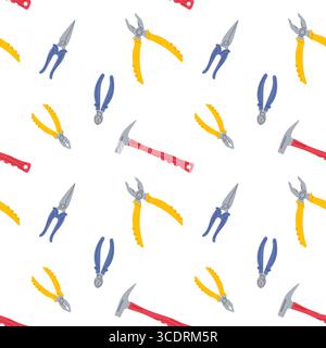 Variety of colored tools including pliers and hammers arranged in a repeating pattern Stock Vector