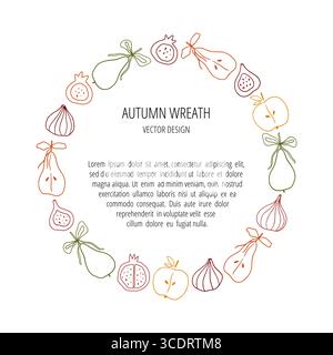 Hand drawn line art whimsical autumn wreath Stock Vector