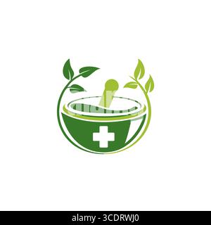 pharmacy medical logo, natural mortar and pestle logotype, herbal medicine logo symbol icon vector design illustration Stock Vector
