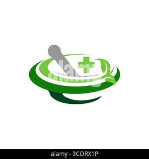 pharmacy medical logo, illustration mortar and pestle logo symbol icon vector, medicine herbal nature design Stock Vector