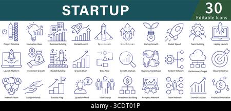 Startup Icon Set in Line Style with Editable Vector for Business Launch, Entrepreneur, Innovation, and New Venture Stock Vector