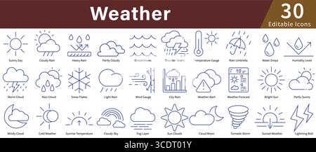 Weather Icon Set in Line Style with Editable Vector for Climate, Forecast, Meteorology, and Atmospheric Conditions Stock Vector