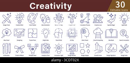 Creativity Icon Set in Line Style with Editable Vector for Innovation, Design, Art, and Creative Process Stock Vector