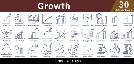 Growth Icon Set in Line Style with Editable Vector for Business Expansion, Progress, Success, and Development Charts Stock Vector