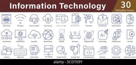 Information Technology Icon Set in Line Style with Editable Vector for IT, Computing, Data, and Digital Systems Stock Vector