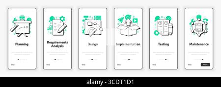 Software development stages mobile onboarding screen Stock Vector