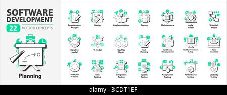 Software development and testing flat outline concept icons bundle Stock Vector