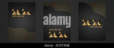 2026 Happy New Year Card Set in Black and Gold with Modern Wave Line Background, Bold Golden Typography, Minimalist Luxury Celebration Design. Stock Vector