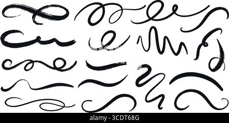 Set of hand drawn textured ink brush strokes. Wave, wavy, swirl, line, curved line. Grunge pencil or chalk drawing, design element, vector Stock Vector