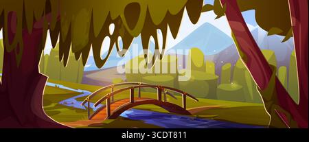 Forest bridge scenic view with wooden walkway over blue stream, green jungle trees and bushes on banks. Mountain landscape river footbridge for fantasy game environments or animated backgrounds. Stock Vector