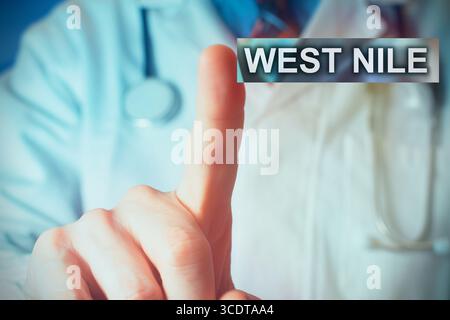 Close up of a doctor pointing finger up at the virus West Nile. Stock Photo