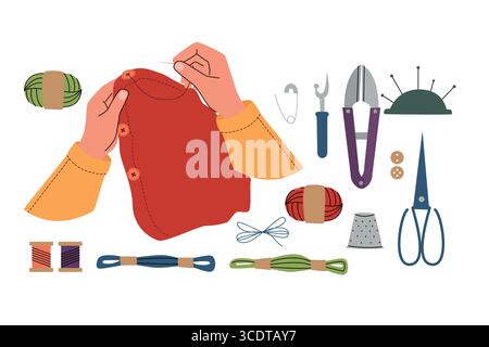 Flat illustration of hands sewing a red garment with thread and needle. Surrounded by sewing tools such as scissors, thimble, thread, seam ripper, and Stock Vector