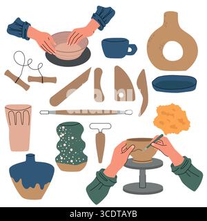 Flat illustration of pottery making tools, hands sculpting and decorating clay, and various ceramic pieces. Includes shaping tools, sponges, and wheel Stock Vector