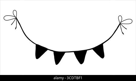Garland silhouette. Vector illustration. Simple black graphic, hand drawn in doodle style. Outline drawing of hanging flag for festive celebration Stock Vector