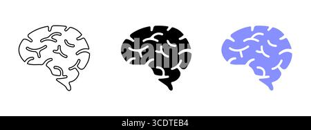 Flat brain icon set. Outline, Solid, and Colored human brain symbol for medical, neurology, and mental health design. Stock Vector