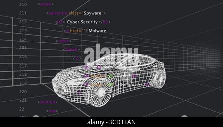Displaying white wireframe car model on 3D grid in studio, showing HTML code and Computer label Stock Photo
