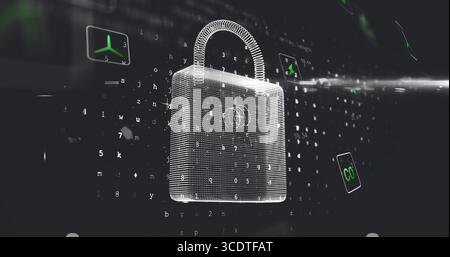 Floating wireframe padlock hovering in cyberspace, with alphanumeric code streams and green icons Stock Photo