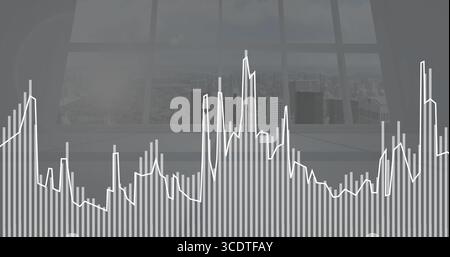 Displaying data visualization overlaying office window, with grey bar chart and white line graph Stock Photo