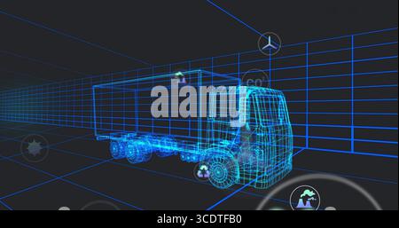 Displaying wireframe semi-truck model with cargo trailer and multi-axis wheels in virtual grid Stock Photo