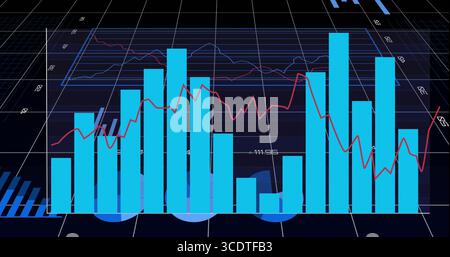 Displaying stylized data visualization on dark 3D grid, with cyan bars and red line overlay Stock Photo