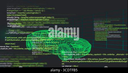 Displaying code editors, source code lines, 3D wireframe car and grid on computer screen Stock Photo