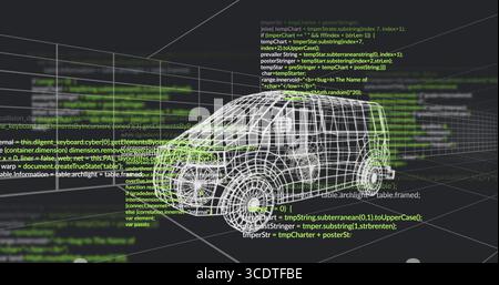 Displaying rotating 3D wireframe van in modeling space, with grid lines and code overlays Stock Photo