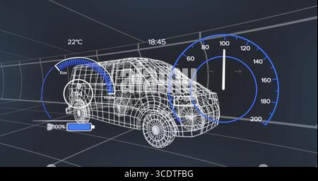 Displaying wireframe van model floating within virtual grid tunnel, with digital gauge overlays Stock Photo
