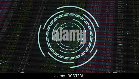 Displaying translucent circular HUD overlay on stock data grid, with scrolling alphanumeric tickers Stock Photo