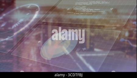 Displaying circular gauge icon and code panels on holographic interface with grid overlay Stock Photo