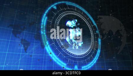 Displaying holographic Euro symbol swirling in virtual interface, with HUD overlay and tick marks Stock Photo